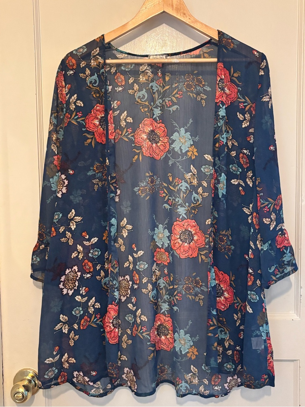 Eyeshadow Navy Sheer Floral Kimono with Coral & Teal Blooms